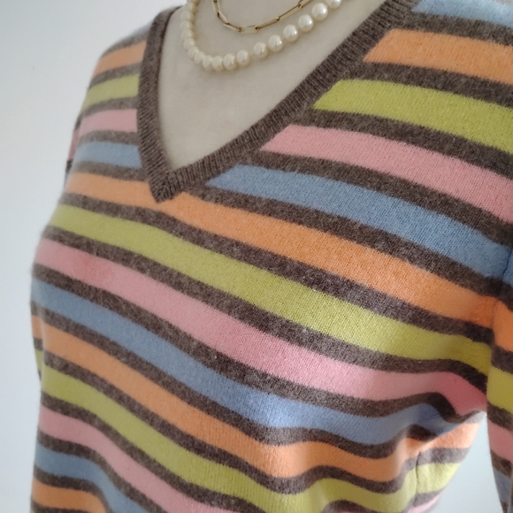 Talbots Vintage Cashmere V-Neck Sweater Candy Colorful Stripe Classic Size. Med - Picture 7 of 13